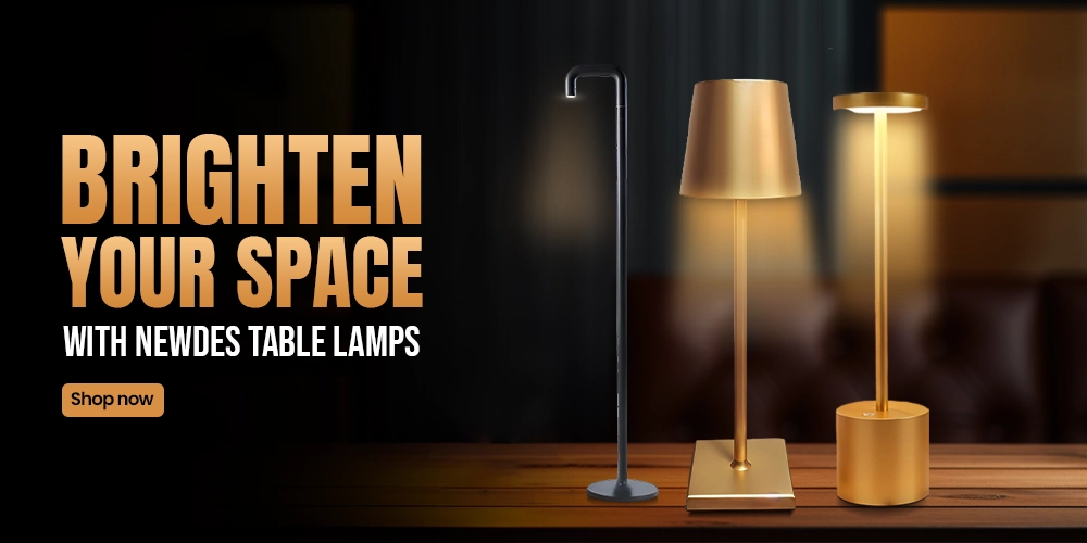 Banner featuring stylish Newdes table lamps with modern designs, offering elegant lighting solutions for restaurants, bars, and hotels.